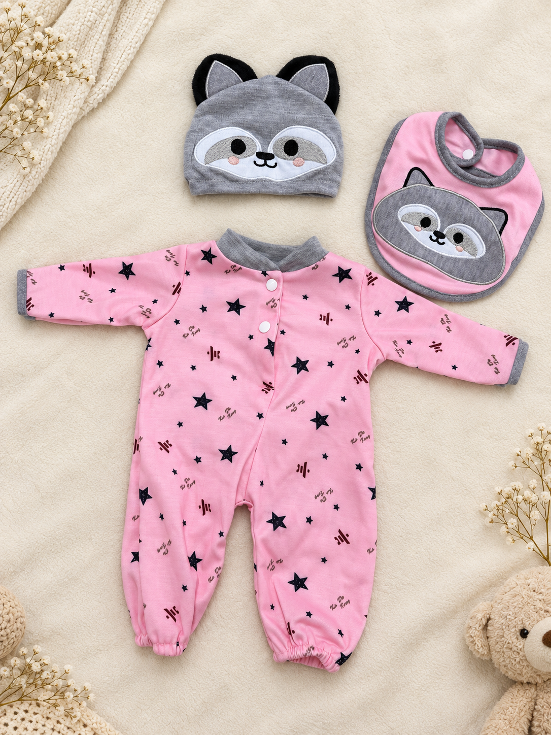 Conjunto rosa mapache para muñeca reborn 40 a 46 cm