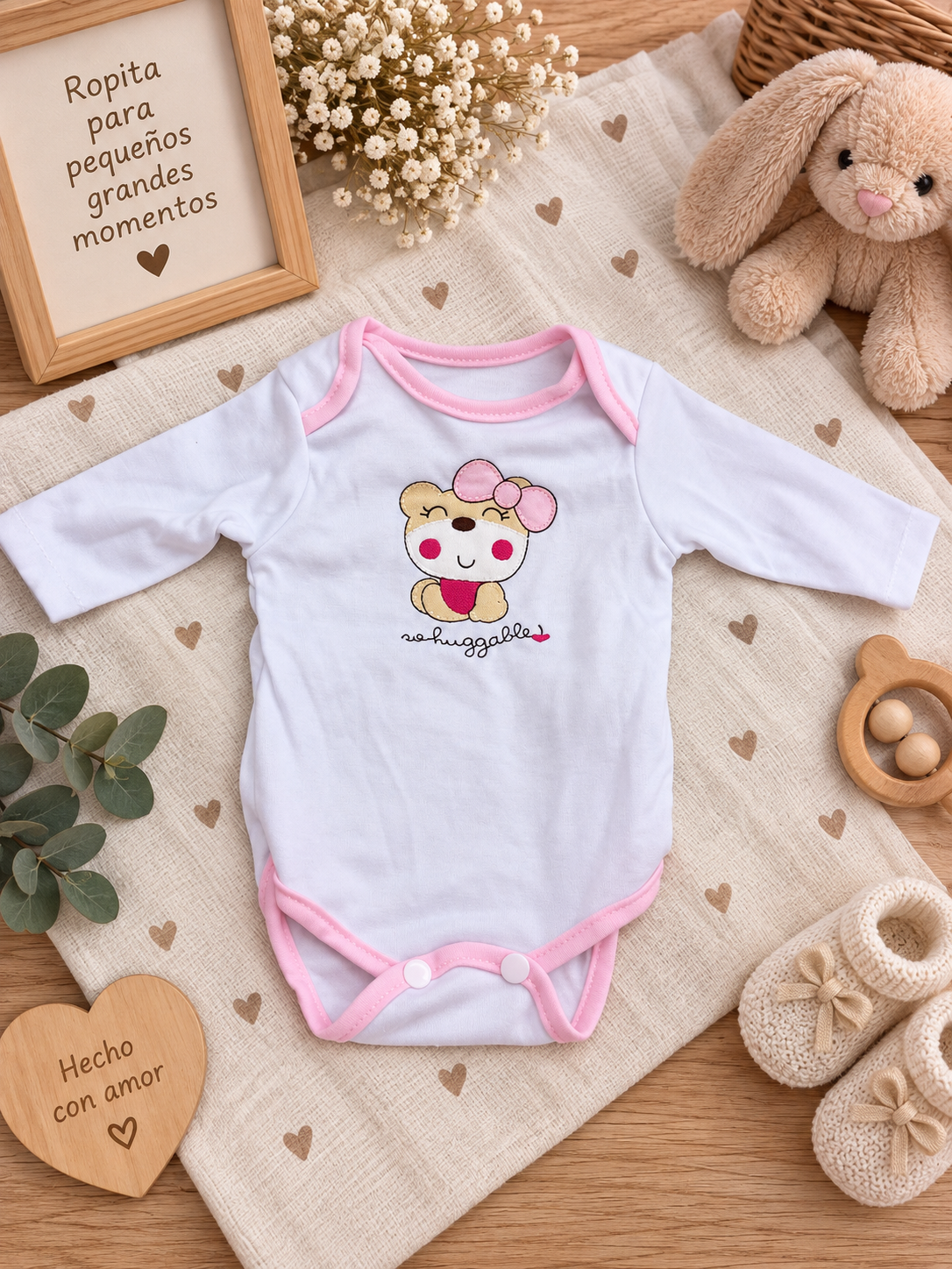 Conjunto Rosa Corazones para Muñeca 50-60 cm 💗 | Body, Pantalón, Gorro y Calcetines
