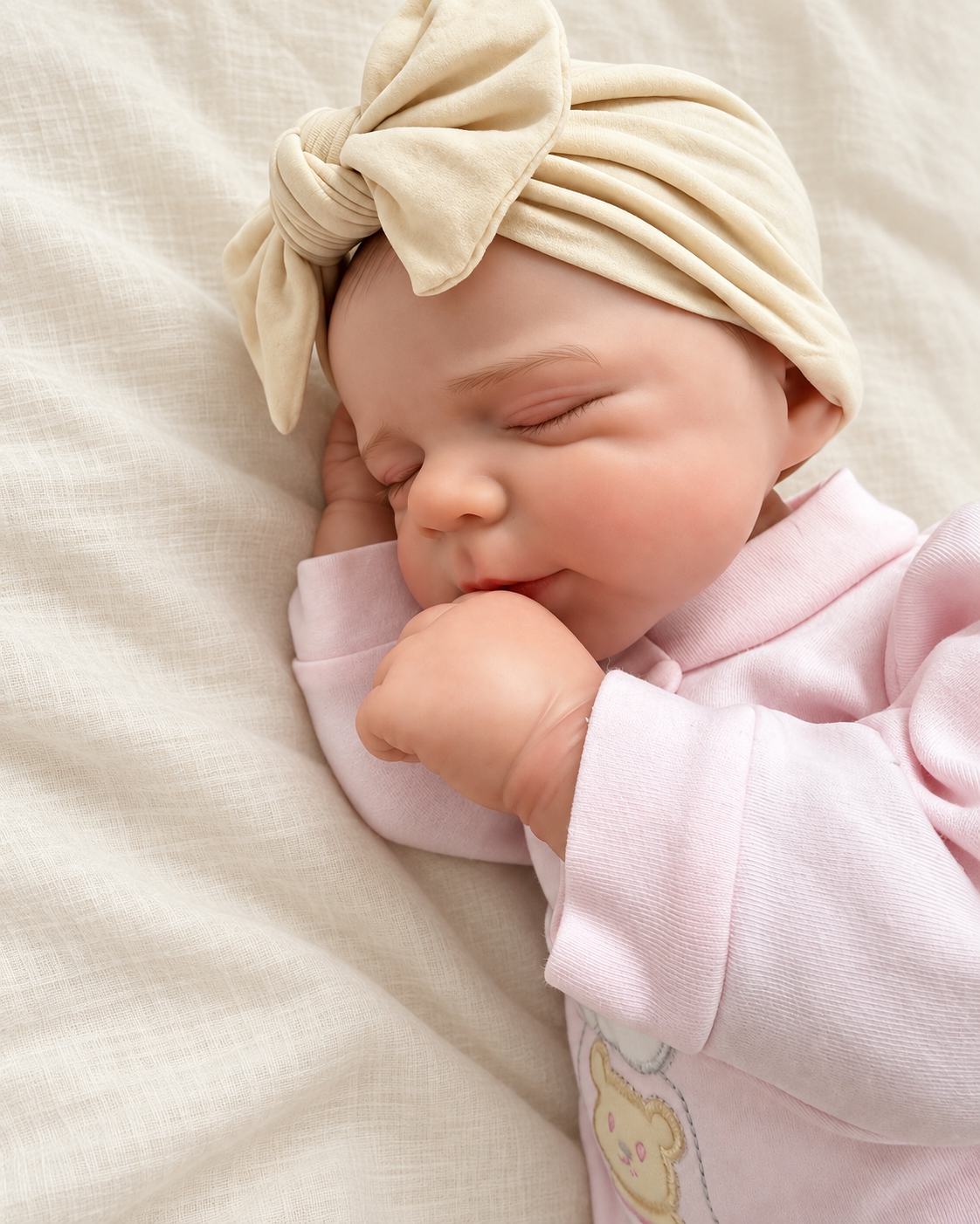 Inés 🩷 Muñeca Realista 46cm 850gr | Bebé Estilo Reborn Vinilo con Ojos Cerrados