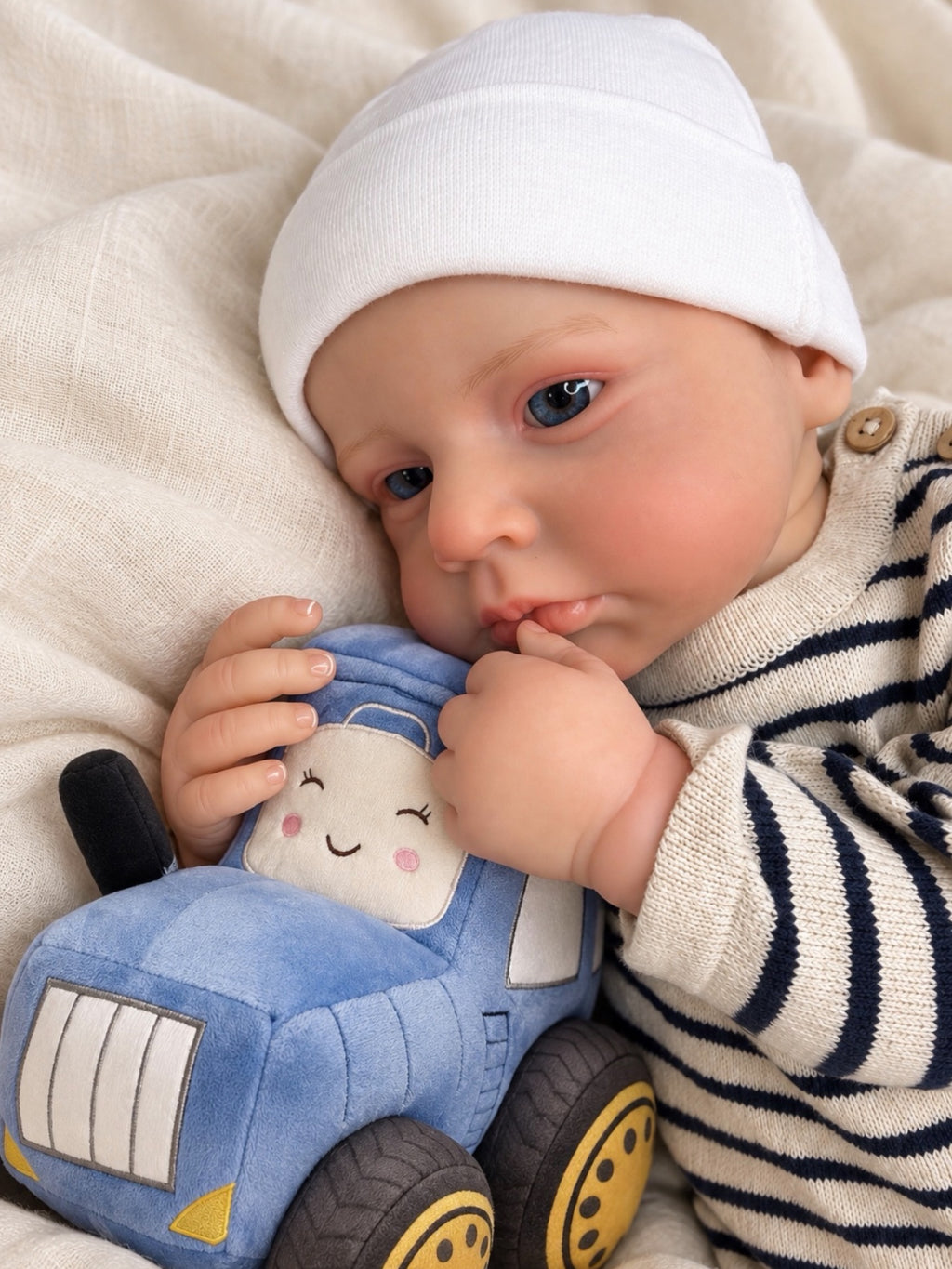 Hugo 🚜 Muñeco Realista 49cm 2,13kg | Bebé Estilo Reborn Vinilo con Ojos Azules