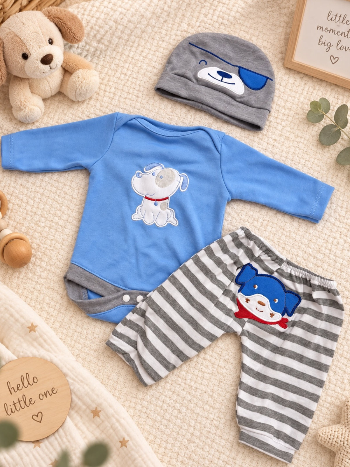 Conjunto Perrito Azul para Muñeca 50–56 cm 🐶 | Body, Pantalón y Gorro