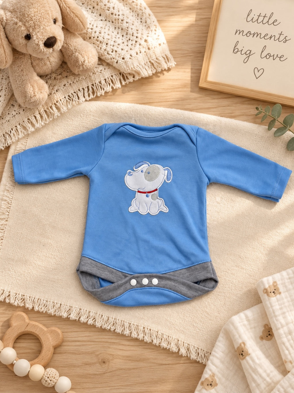 Conjunto Perrito Azul para Muñeca 50–56 cm 🐶 | Body, Pantalón y Gorro