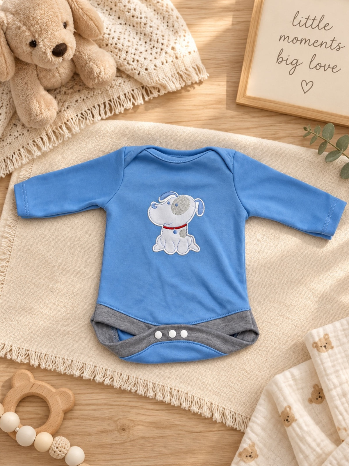 Conjunto Perrito Azul para Muñeca 50–56 cm 🐶 | Body, Pantalón y Gorro