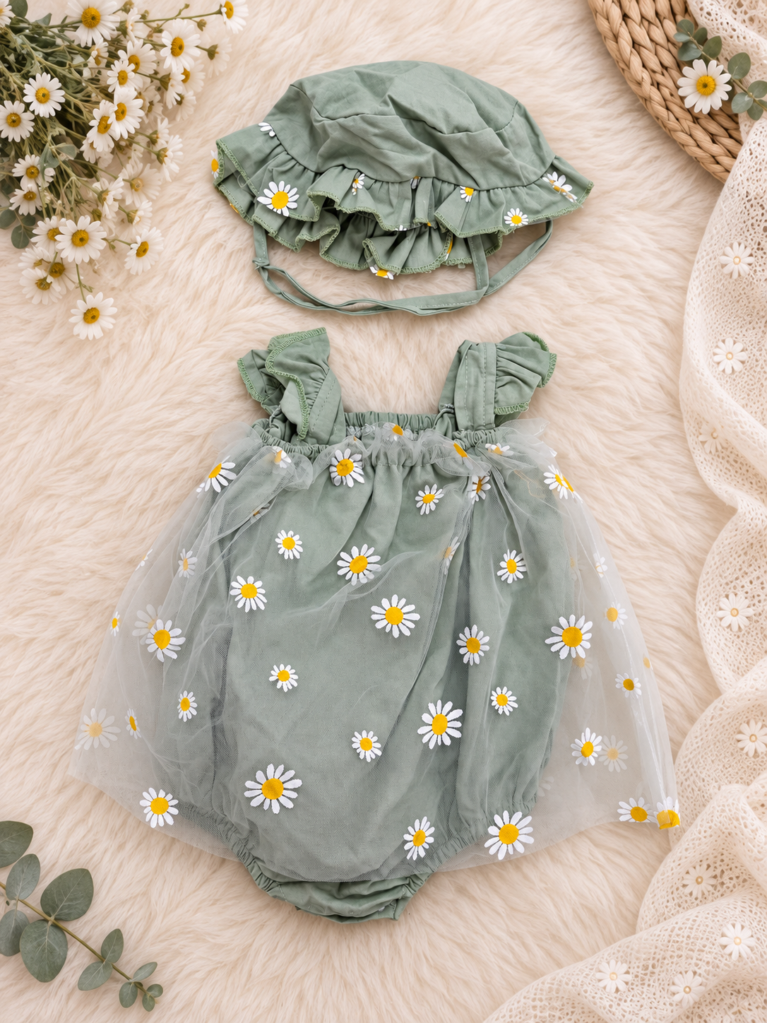 Conjunto Margaritas Verde Salvia para Muñeca 40–48 cm | Pelele y Gorrito
