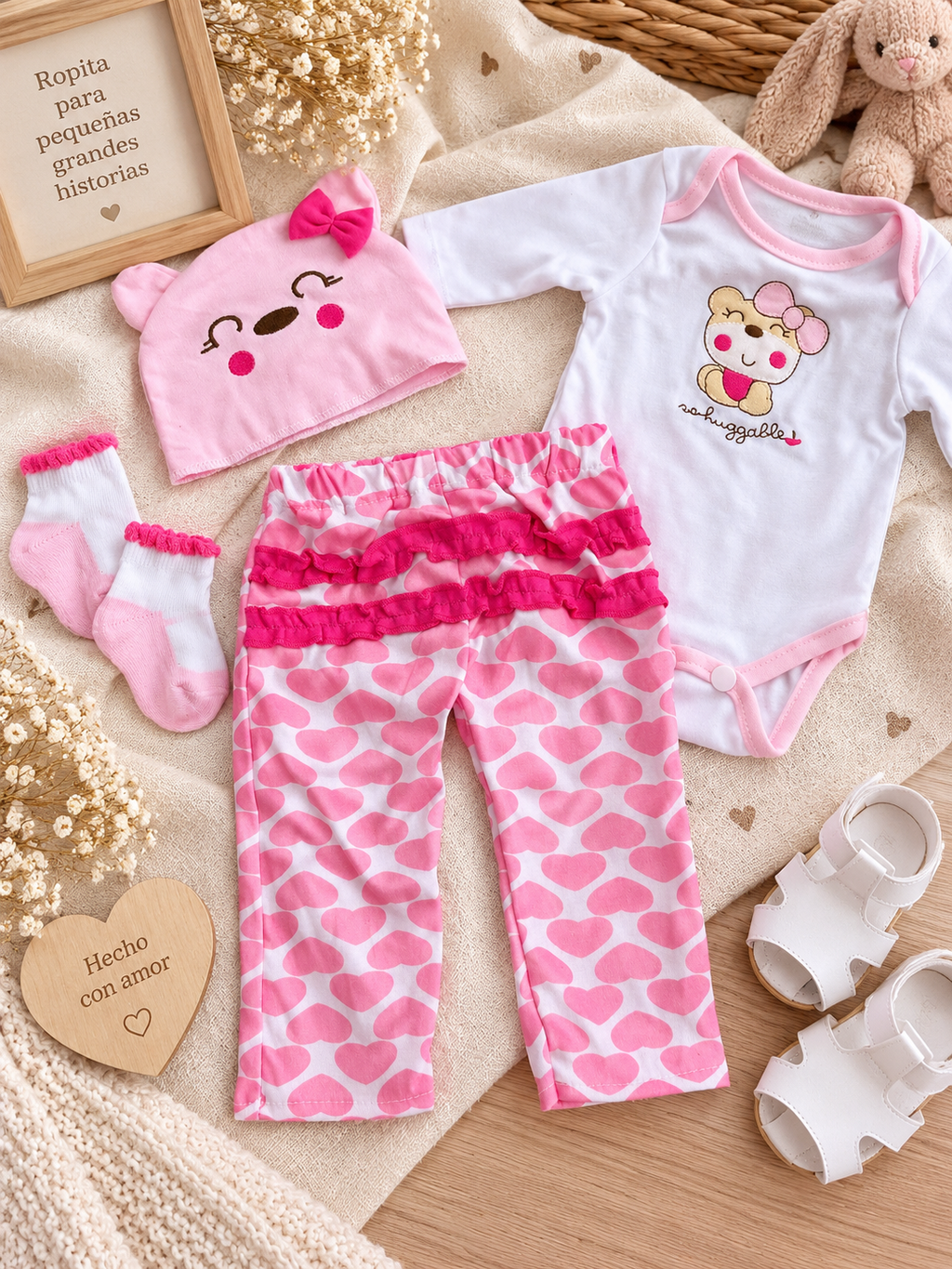 Conjunto Rosa Corazones para Muñeca 50-60 cm 💗 | Body, Pantalón, Gorro y Calcetines