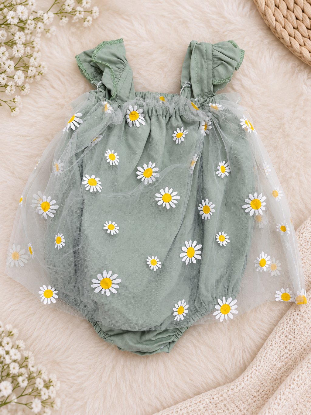 Conjunto Margaritas Verde Salvia para Muñeca 40–48 cm 🌼 | Pelele y Gorrito