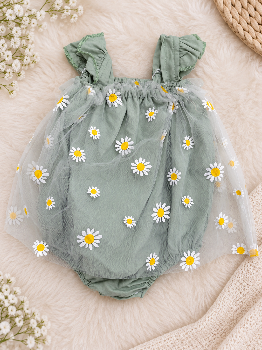 Conjunto Margaritas Verde Salvia para Muñeca 40–48 cm 🌼 | Pelele y Gorrito