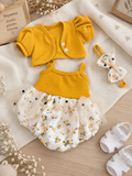Conjunto Floral Mostaza para Muñeca 44–48 cm 🌼 | Vestido, Chaquetita, Diadema y Zapatitos