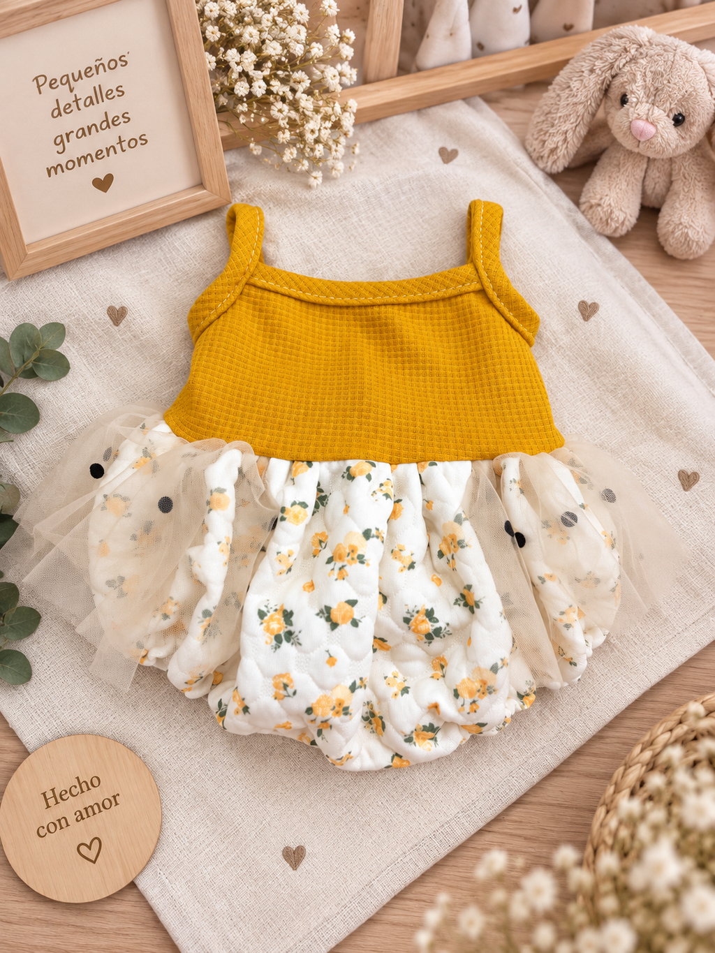 Conjunto Floral Mostaza para Muñeca 44–48 cm 🌼 | Vestido, Chaquetita, Diadema y Zapatitos